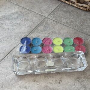 Laura Glass flat 4 tea light holder w/colorful tea lights box of 12
